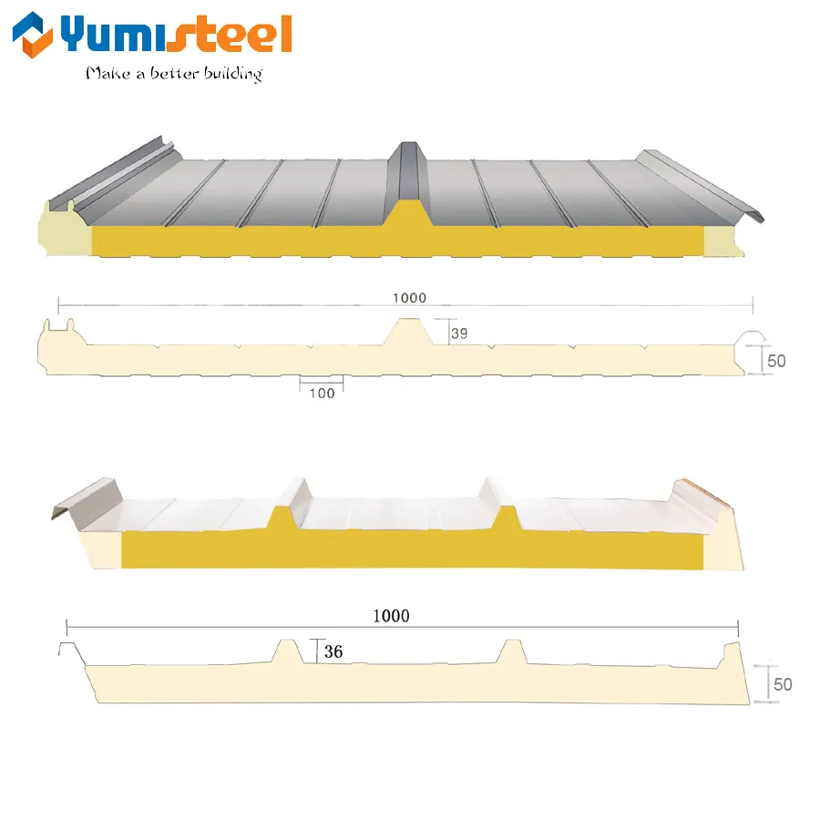 50mm Polyurethane Sealing Rockwool / Kaca Wool Sandwich Panel Atap
