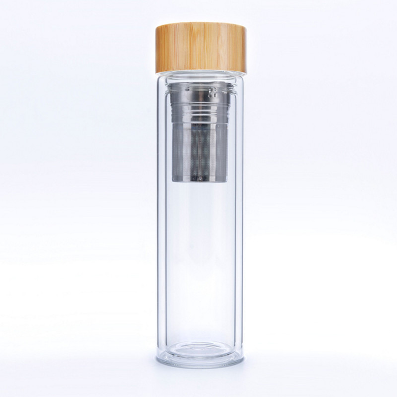 450ml botol air kaca kustom dengan topi bambu