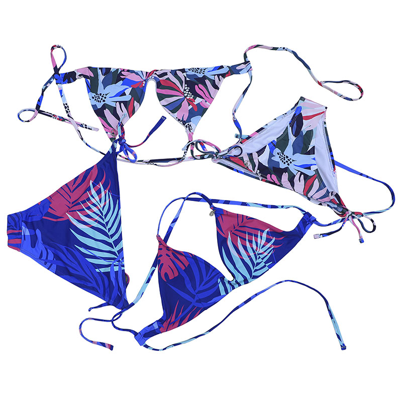 Daun tropis cetak bikini set untuk wanita segitiga bikini set
