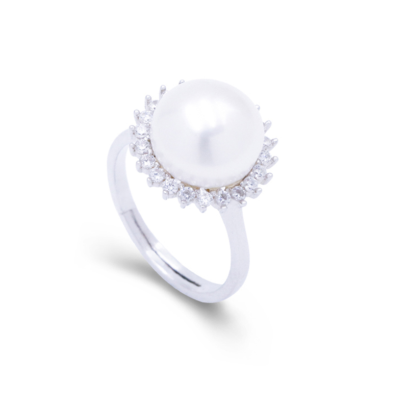 Trendy Natural Pearl Promise Ring Sterling Silver Pave Set Zircon