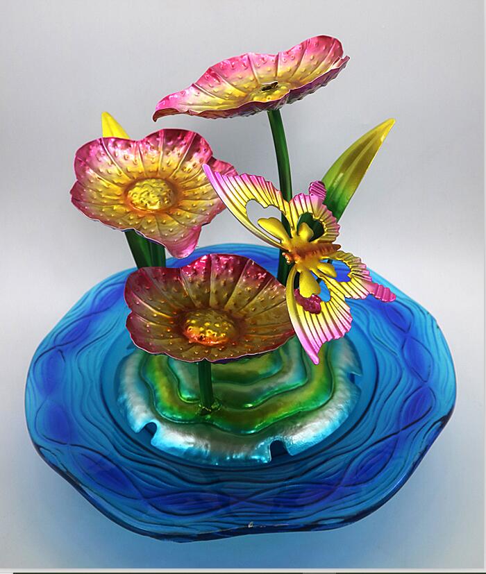 Kaca dengan Air Mancur Bunga Logam Perlengkapan Taman Dekorasi Atas Meja Dalam Ruangan