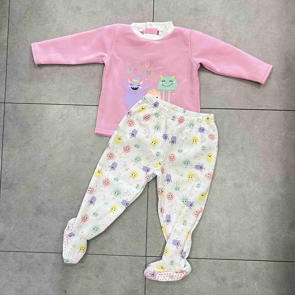 Baju Tidur Bayi Siap Pakai Piyama Dua Potong Lengan Panjang Sol Anti Selip, Plastik dengan Atasan Pola Cetak Perak