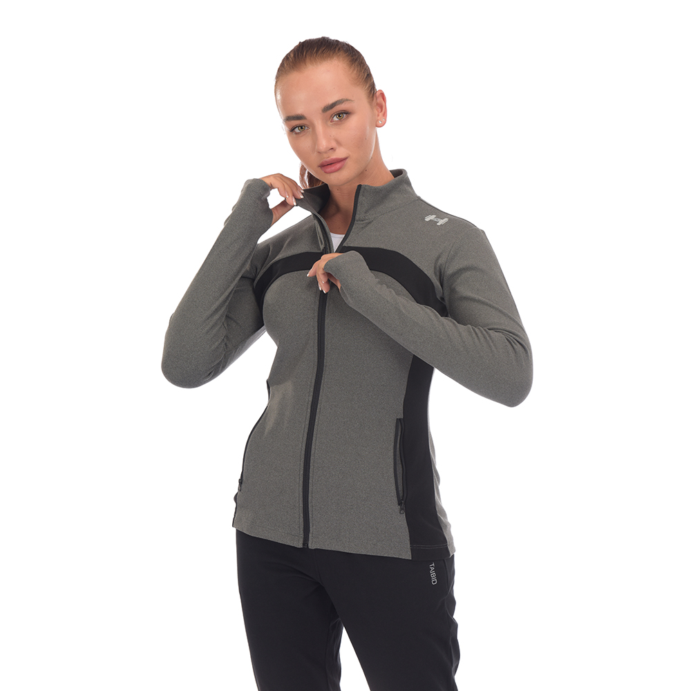 Stocklot Pakaian, Pemasok Siap Pakai Kaos Lari Ritsleting Olahraga Lengan Panjang Wanita Hitam/Abu-abu