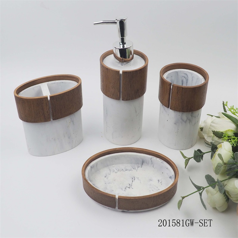 Aksesori kamar mandi resin bertatahkan butiran kayu empat set