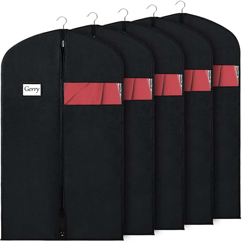 Sesuaikan butik non-woven yang tersedia tas pakaian organza penutup jas ritsleting hitam dengan tas jas jendela transparan